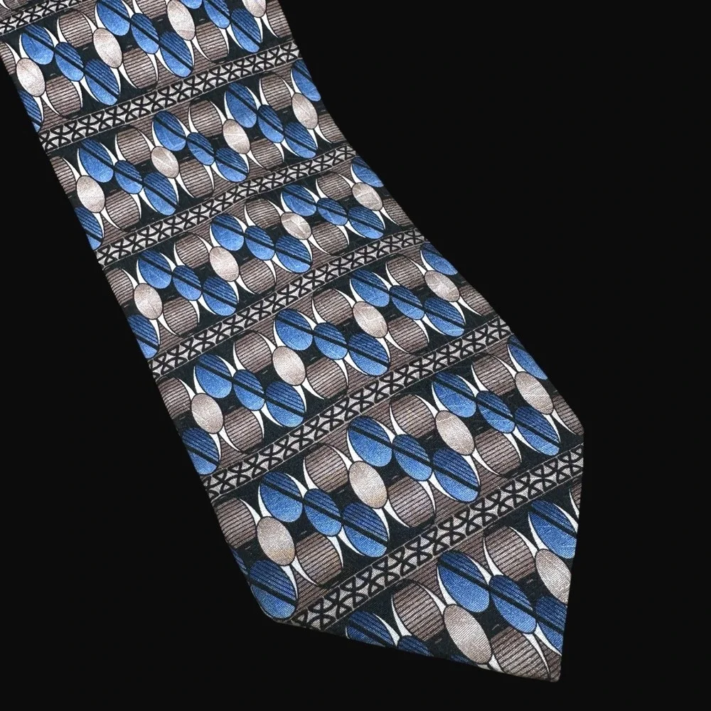 Pierre Balmain Couture Mens Silk Tie Blue Brown Geometric Abstract Pattern